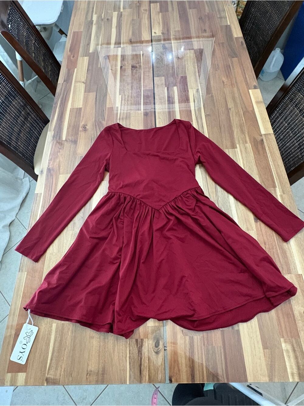 OYS Sz L Burgundy Casual Long Sleeve Mini Square Neck V Waist Tie Renfaire Red